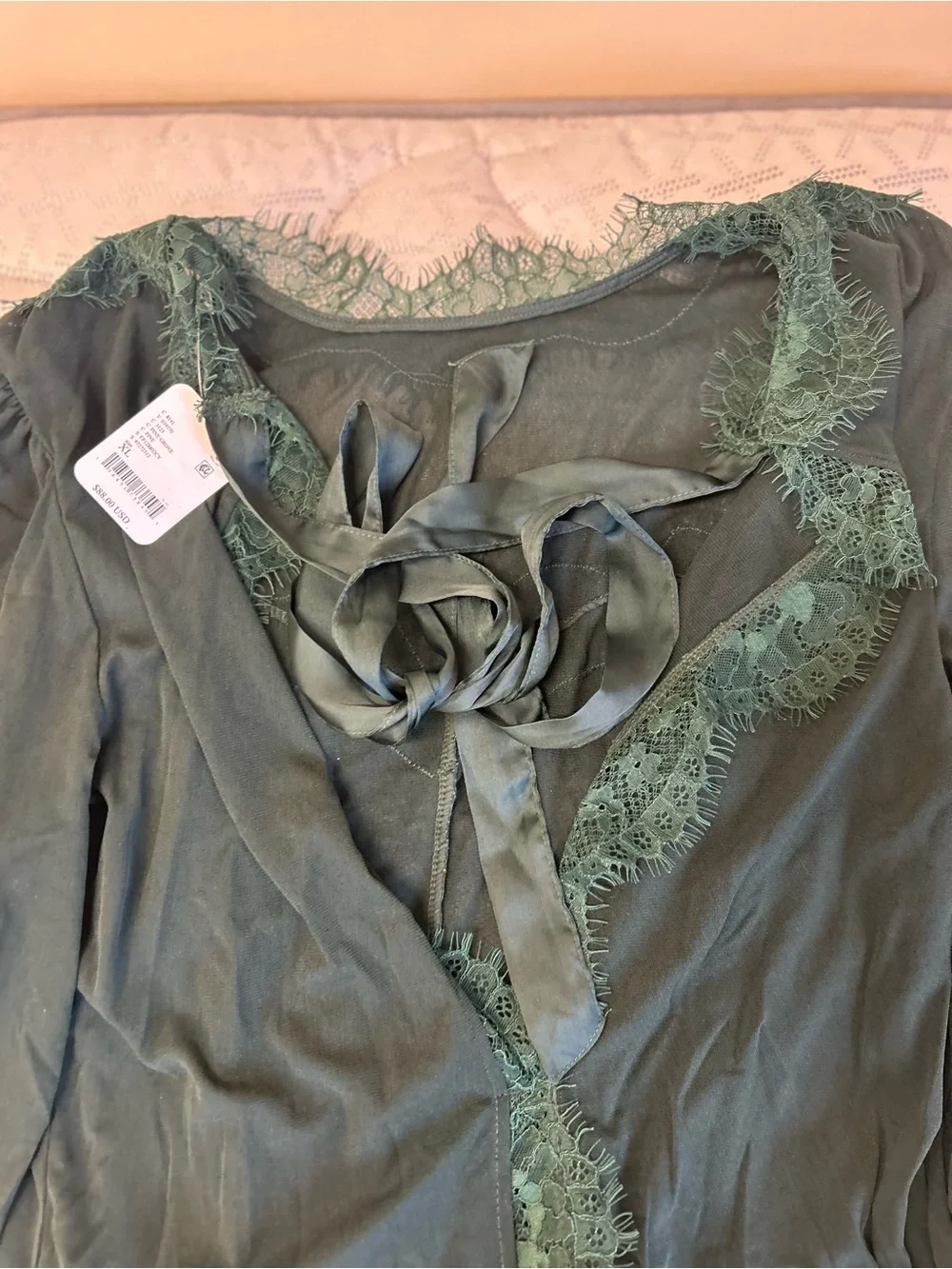 Free People Forest Green Lace Long Sleeve Bodysuit
